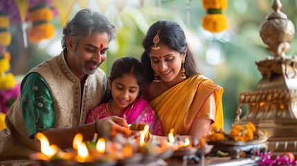 indian family in temple celebrating gudi padwa, ugadi