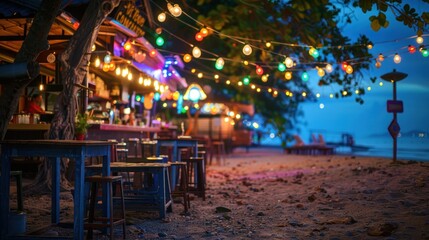 Blur the lights on the beach restaurant