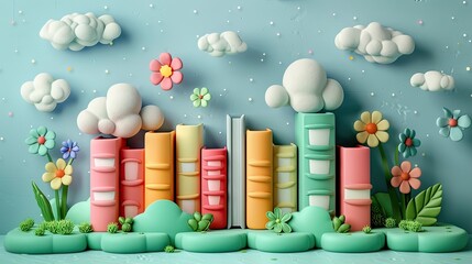 Colorful Illustrated Books in Whimsical Fantasy Landscape