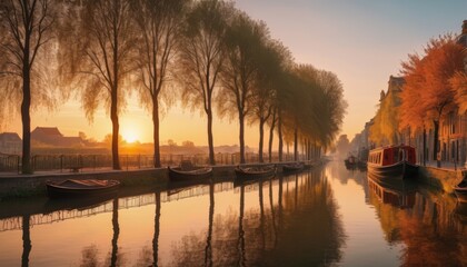 A tranquil canal lined with willow trees and moored boats, captured in the warm glow of a sunrise, reflecting the beginning of a new day. - obrazy, fototapety, plakaty