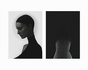 Black and white photographs of woman's head and body in a pattern, artistic monochrome portrait concept