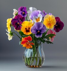   A vase brimming with vivid blossoms rests atop a table, adjacent to another vase containing purple, yellow, and red blooms