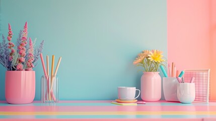 Pastel Toned Stationery and Decor Elements Arranged on a Minimalist Desk for a Bright and Stylish Workspace
