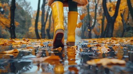 Close shot and back view of a yellow boot of a girl walking in rain with a big blurry backdrop and roadside view for text, Generative AI.