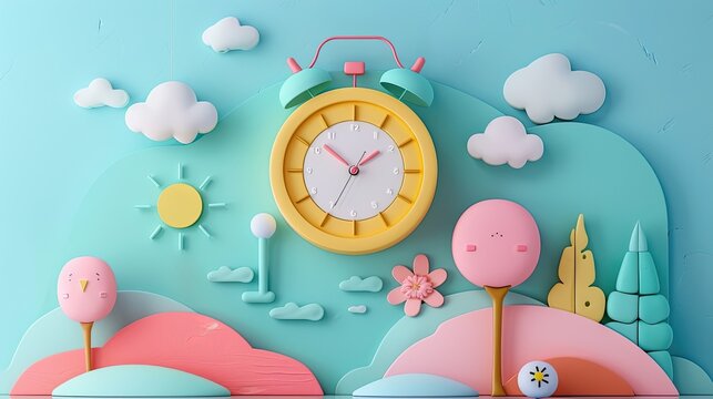 Whimsical Pastel Landscape with Alarm Clock and Seasonal Elements