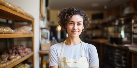 Obraz premium A young woman in uniform stands at the entrance to her bakery, in a welcoming pose. Generative AI.