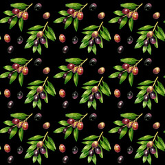 葉っぱ付きのオリーブのパターン　手描き水彩イラストの果物柄
