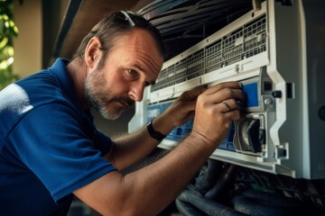 A middle-aged air conditioning technician performs repairs at a site. Generative AI. - obrazy, fototapety, plakaty