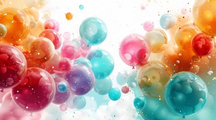   Multicolored balloons float in the air with bubbles from their bottoms