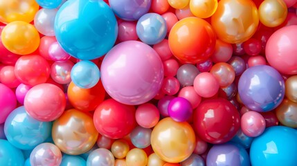 Fototapeta premium A group of diverse balloons, ranging from blue to pink, yellow, orange, and pink, are neatly stacked