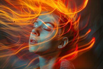 Portrait of a woman with fiery light trails around her head in a dark, ethereal setting.
