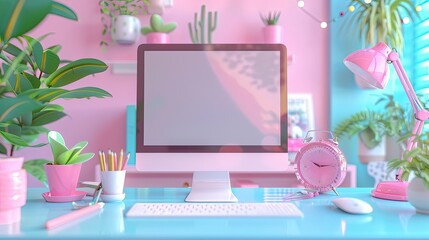 Feminine Workplace with Colorful Aesthetic Decor and Tech Essentials