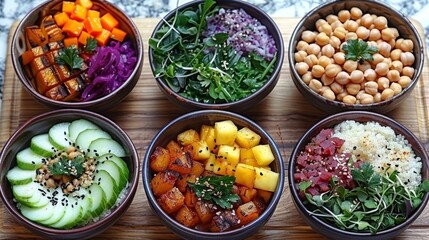   A wooden platter with four bowls containing various salads and veggies arranged on top