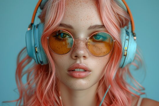 Photo of fashion woman with pink hair in white headphones