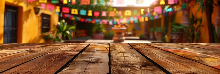 Empty wooden table with Mexican fiesta background in the background - obrazy, fototapety, plakaty