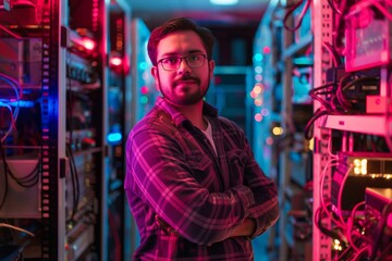 Confident male IT engineer with folded arms in a server room with vibrant lighting.