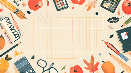 A sweet flat cartoon vector design with scholastic items, grid pattern in the core of the picture