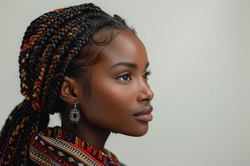 Stunning African American woman with box braids in profile isolated on white background
