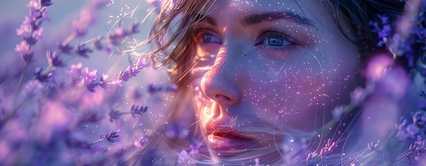 A double exposure of lavender flowers and an enchanting woman with flowing hair