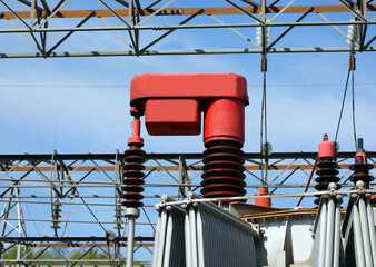detail of the large device called automatic voltage regulator.of an electrical transformer in the...