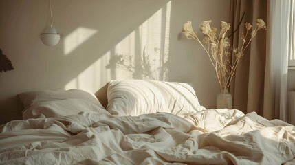 Cover your bed with beige linens. Modern bedroom interior design in a Scandinavian style