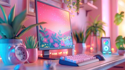 Vibrant and Cozy Workstation with Lush Greenery and Digital Devices