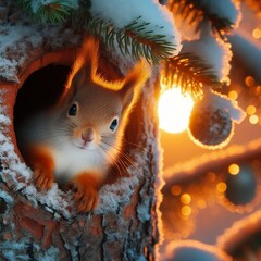 écureuil au claire de lune , caché dans un trou dans le tronc d'un arbre, flou a l'arrière, ambiance neige , qualité HD, vue de proche
