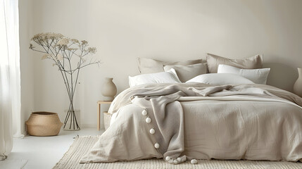Cover your bed with beige linens. Modern bedroom interior design in a Scandinavian style