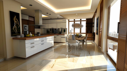 Elegant kitchen with modern minimalist interior design, dining table, and chairs