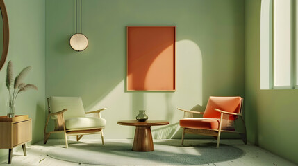 Encircling a light green wall with an art frame poster is an elliptical table and two chairs next to a mint sofa. Modern living room interior design in a mid-century Scandinavian home