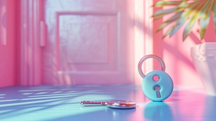 Retro Pink Padlock with Key on Pastel Colored Minimal Background