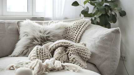 Fur pillows and a bulky knit blanket adorn a beige sofa. Modern living room interior design with a Scandinavian, hygge feel - obrazy, fototapety, plakaty