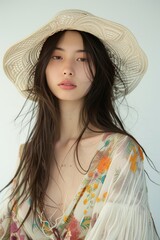 Full face no crop of a Pretty Young Japanese Super Model in a Boho Maxi Dress and Floppy Hat, embracing carefree summer style with a serene gaze. photo on white isolated background