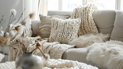 Fur pillows and a bulky knit blanket adorn a beige sofa. Modern living room interior design with a Scandinavian, hygge feel