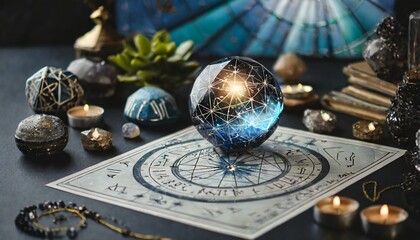 Studio photo of a mystical astrological chart surrounded by crystal balls, tarot cards, and celestial symbols, astrology background