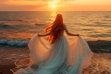 Obraz premium Beauty young redhead woman, fairy bride in long white wedding dress on seashore and sunset. Back view, Running on the waves. Natural seascape, summertime. Generate AI