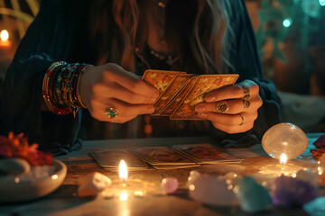 Young woman fortune teller laid out tarot cards. Magic lighting, magic ball, crystals and candles. Witch Ritual. Generative AI