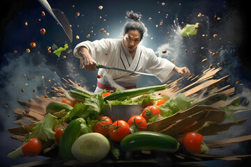 Samurai chef chops, cuts vegetables: tomatoes, cucumbers on kitchen. Flying food on dark background. AI Generative. Advertisement