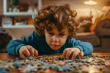 Little preschooler curly boy put puzzle together in children's room. Children's fine motor skills, development, hobby and board game. Generative AI