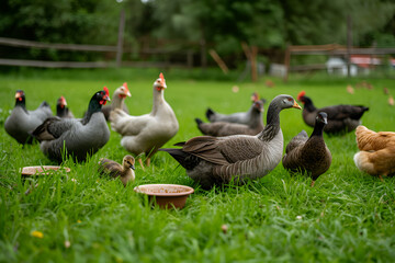 Naklejka na ściany i meble Poultry farm or yard. Different types of poultry: geese and chickens on green grass, feeding. Eco farm, agriculture. Generative AI