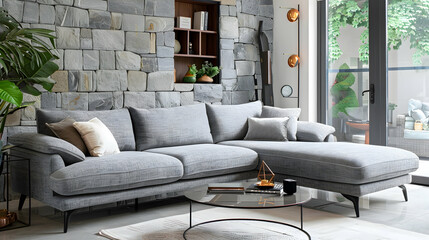 Grey corner sofa next to wall with stone cladding. Modern living room interior design in a mid-century home