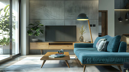 Grey couch, turquoise chaise, and wooden television stand. Modern living room interior design in a mid-century home - obrazy, fototapety, plakaty