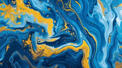 Fotobehang Abstract blue and yellow marble background with fluid acrylic paint swirls © Oleksandr