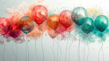   A group of orange and blue balloons float through the air