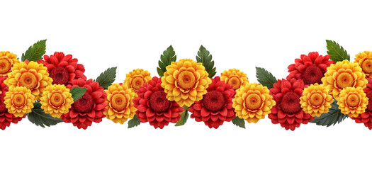 Orange and red marigold flowers isolated on transparent background. Chinese mid autumn festival or toran Indian traditional Diwali decoration. Symbol of mexican holiday Day of dead - obrazy, fototapety, plakaty