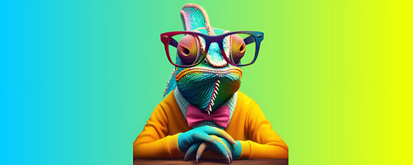Colourful Chameleon Wearing Glass at Close-up Look with Solid Plain Background ,Generative Ai