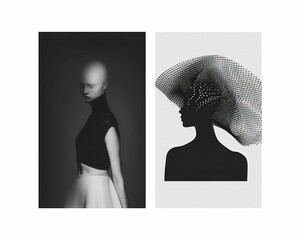 Two monochrome images of a mannequin and a woman in a hat, showcasing timeless elegance and classic fashion style