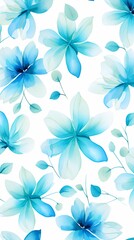 Fototapeta na wymiar Cyan flower petals and leaves on white background seamless watercolor pattern spring floral backdrop 