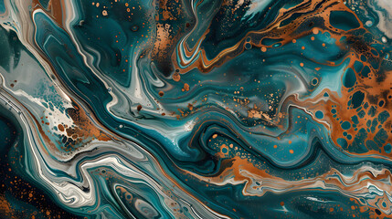 Abstract teal and brown marble background with fluid acrylic paint swirls