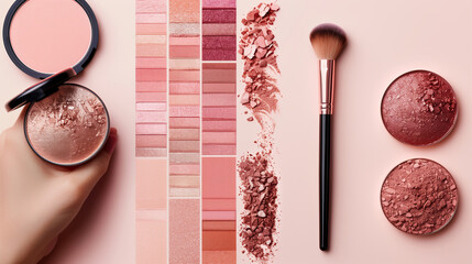 Perfect Palette: Blush and Highlighter Swatches with Brush on Pastel Background